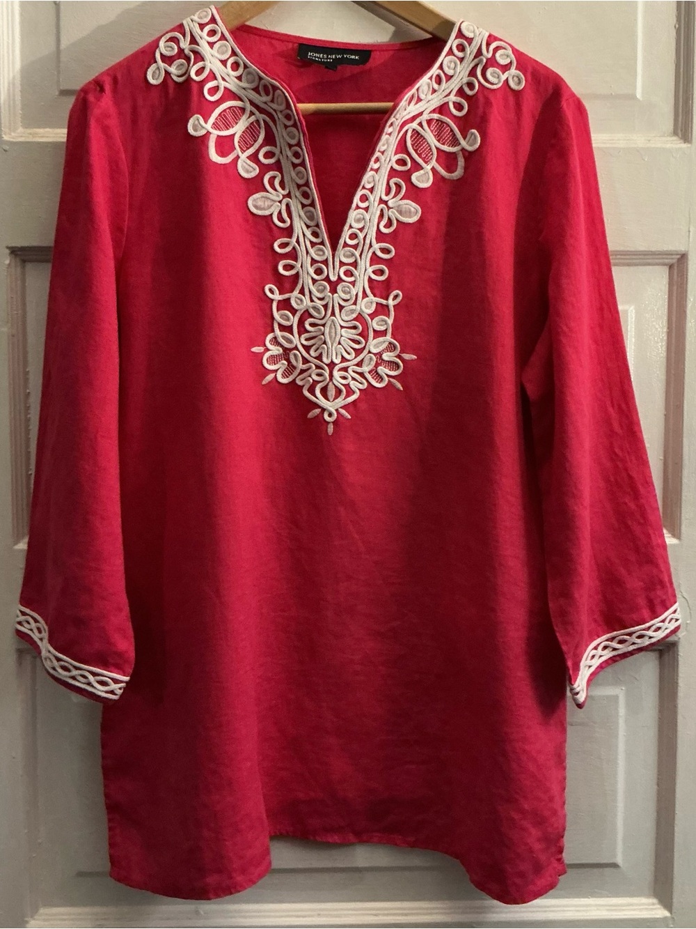 Jones New York Signature 100% Linen Tunic Top Large Pink Coral Embroidered Boho